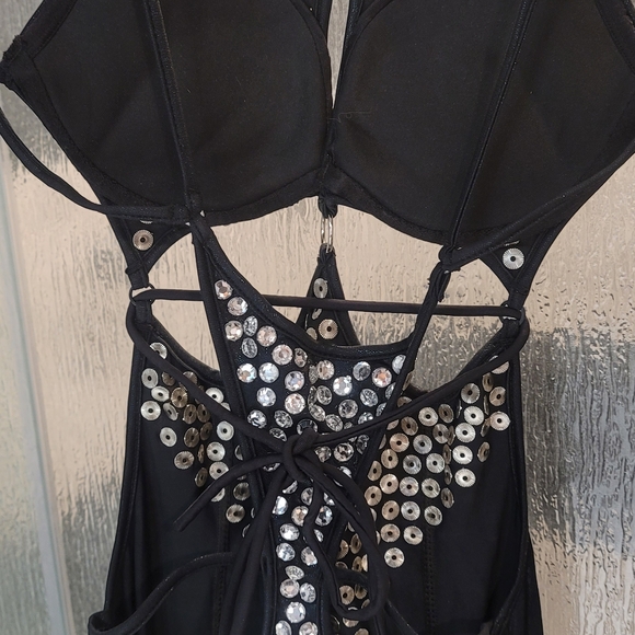 Sexy black stretchy feather and rhinestone dress wedding club prom unique party - Picture 5 of 7